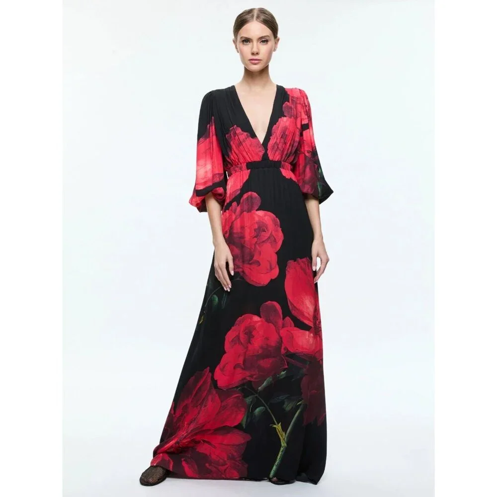 Alice + Olivia Clarissa Maxi Dress 2 in Peony Petals Bright Ruby NWT $695 - Picture 1 of 16